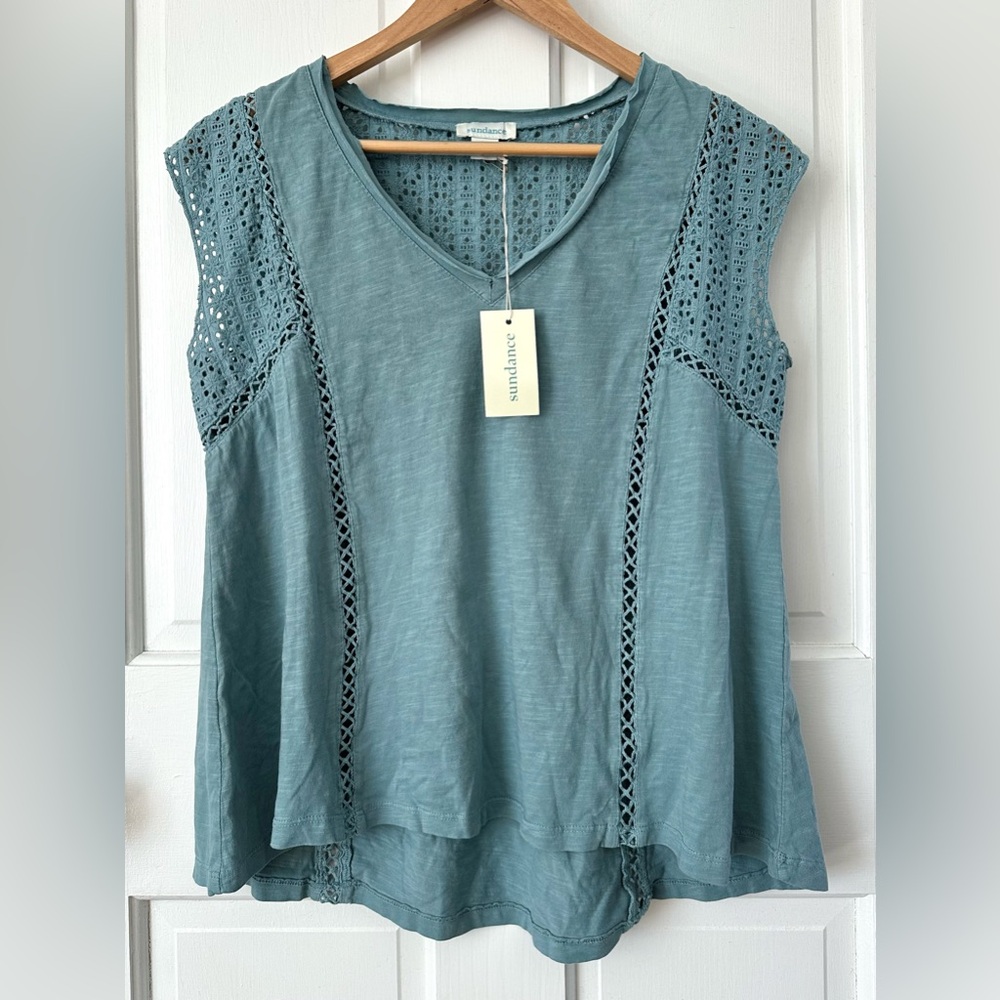 NWT! Sundance Dinah Eyelet V-Neck Tee Shirt Top Boho Dusty Blue Size Petite S
